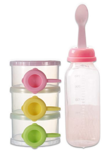 Feeding Bottle With Spoon + Portable Milk Powder Box-Pink