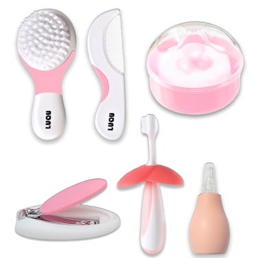 Baby Care Kit, 5Pcs Convenient Healthcare Grooming Set Nail Clipper  Nose Cleaner Hair Brush Comb Essential , powder puff, teethe brush,for Toddler Infant