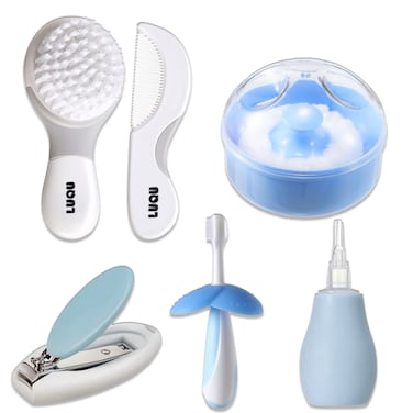 Baby Care Kit, 5Pcs Convenient Healthcare Grooming Set Nail Clipper  Nose Cleaner Hair Brush Comb Essential , powder puff, teethe brush,for Toddler Infant