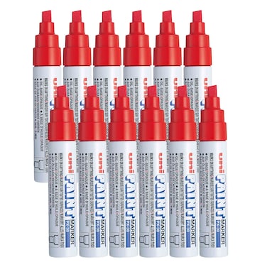 قلم ماركر أحمر رأس مشطوف خط عريض، 12 قطعة