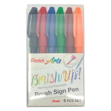 Pentel 6 Colors Brush Sign Pen Set, Flexible Tip, Water-Based Ink