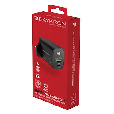 بايكرون - شاحن حائط بريطاني بمنافذ USB-C و USB، 36 واط
