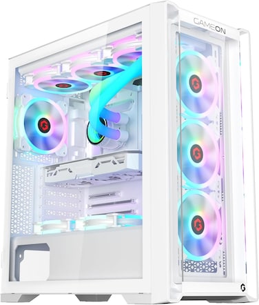 GAMEON Vortex Arctic Series Mid Tower PC Gaming Case, 120mm ARGB+PWM Lighting, 0.8mm Tempered Glass, Pre-installed 4 RGB Cooling Fans Computer Case, Dust Filters, Wide Motherboard Compatibility, White