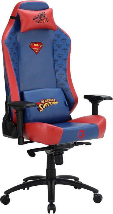 GAMEON Superman Ergonomic Gaming Chair, PU/PVC Leather With Foam Lumbar And Neck Pillows, 180&deg; Recline, 4D Armrests, Silent Wheels, Office And PC Gaming Use