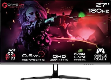 GAMEON 27&rdquo; IPS Gaming Monitor - QHD 2K 2560x1440, 180Hz Refresh Rate, 0.5ms Response Time, HDMI 2.1 Port, FreeSync G-Sync Compatible, HDR Ready, Console &amp; PC Gaming Ready, GOPS27QHD180IPS - Black