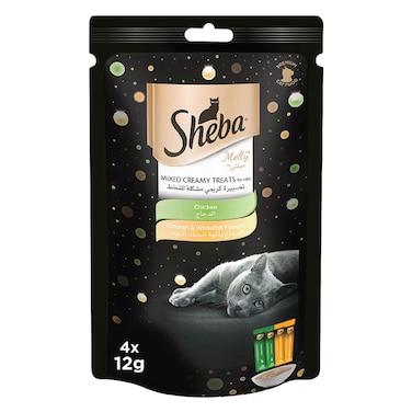 Sheba Cat Food, Melty Mixed Creamy Treats Chicken &amp; Chicken &amp; White Fish, Pack of 4x12g