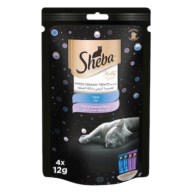 Sheba Cat Food, Melty Mixed Creamy Treats Tuna &amp; Tuna &amp; Seafood Flavor, Pack of 4x12g