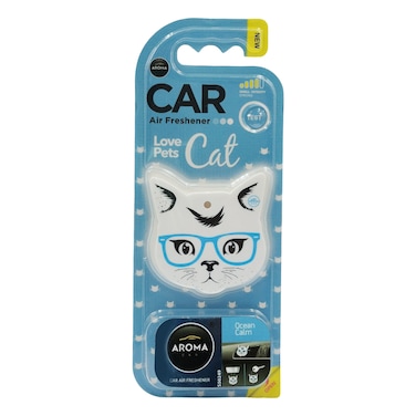AROMA Car Air Freshener &ndash; Love Pets Series, White Cat with Glasses Design, Ocean Calm Scent, Clip Type, 1 Piece

