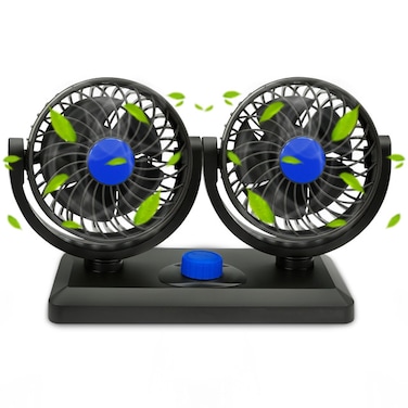 Double-Headed Vehicle Fan for Cars, Trucks, and Buses &ndash; 12V, Adjustable 360&deg; Rotation

