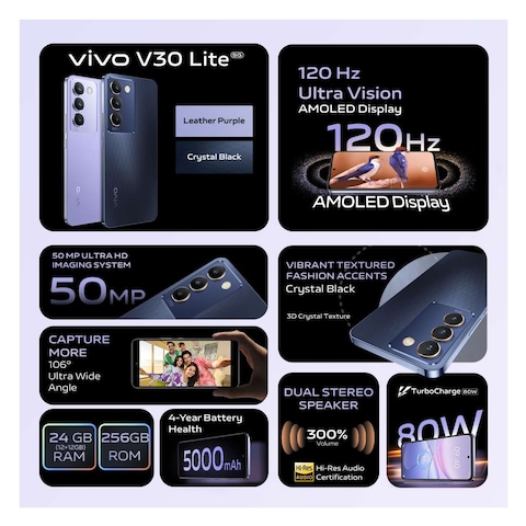فيفو V30 لايت - ذاكرة تخزين 256 جيجابايت، 12 جيجابايت رام، الجيل الخامس، اسود