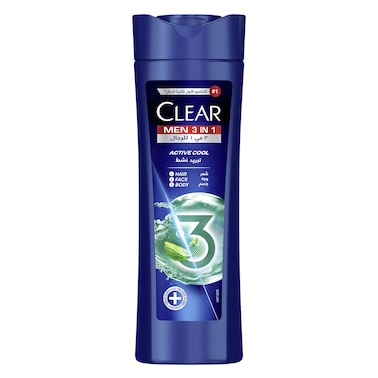 Clear 3In1 Shampoo For Men, Anti Dandruff Shampoo For Hair, Face &amp; Body, Active Cool, 100% Dandruff-Free Scalp, Refreshed &amp; Moisturized Skin, 400ml