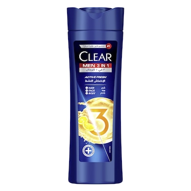 Clear 3In1 Shampoo For Men, Anti Dandruff Shampoo For Hair, Face &amp; Body, Active Fresh, 100% Dandruff-Free Scalp, Refreshed &amp; Moisturized Skin, 400ml