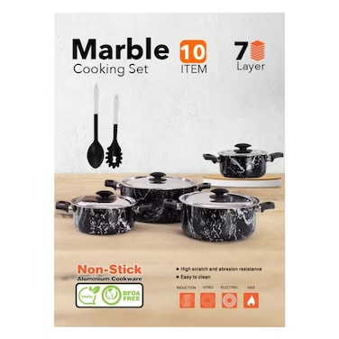 Grandi Marble Cooking Set 10 Pieces, Pot 16-18-22-26 cm And 2 Kitchen Tools Black