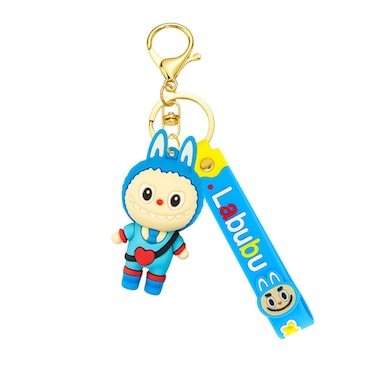 Labubu Style Cartoon Keychain, Soft Rubber Doll with Strap, Metal Key Ring, Bag Charm, Key Holder for Car/Bike/Home Keys, Gift for Girls and Kids(Blue)