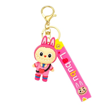 سلسلة مفاتيح كرتونية على طراز لابوبو، دمية مطاطية ناعمة مع حزام، حلقة مفاتيح معدنية، حلية حقيبة، حامل مفاتيح للسيارة/الدراجة/مفاتيح المنزل، هدية للبنات والأطفال (وردي)