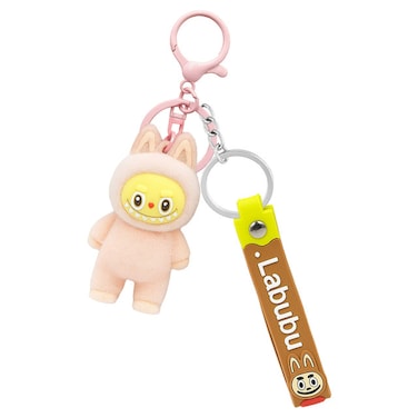 Cartoon Character Keychain with Plush Doll, Silicone Strap, Metal Split Ring &amp; Lobster Clasp for Keys, Bags, Backpacks(Light pink)
