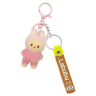 Cartoon Character Keychain with Plush Doll, Silicone Strap, Metal Split Ring &amp; Lobster Clasp for Keys, Bags, Backpacks(Pink)
