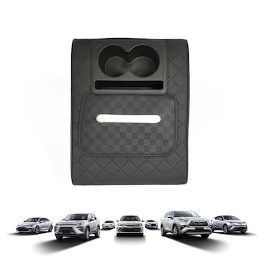 Car Armrest Cushion with Cup Holder and Tissue Slot, PU Leather, Universal Fit, 36&times;28 cm Black