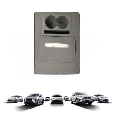 Car Armrest Cushion with Cup Holder and Tissue Slot, PU Leather, Universal Fit, 36&times;28 cm Grey