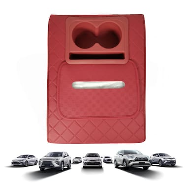 Car Armrest Cushion with Cup Holder and Tissue Slot, PU Leather, Universal Fit, 36&times;28 cm Red