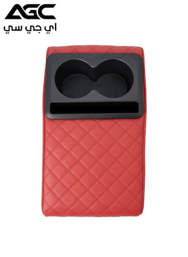 وسادة مسند ذراع سيارة من AGC مع حامل أكواب مزدوج وصينية تخزين، قاعدة مانعة للانزلاق، ملائمة لجميع المقاسات، لون أحمر