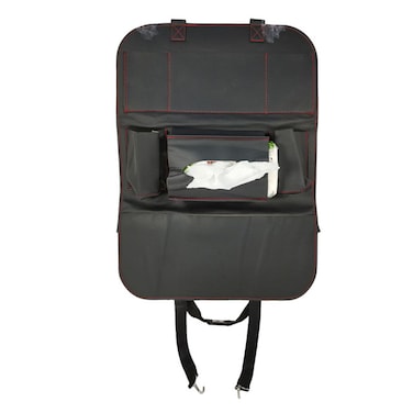 منظم خلفي لمقعد السيارة مع حامل مناديل، جيوب زجاجات، مساحة تخزين للأجهزة اللوحية، مناسب لجميع السيارات، لون أسود