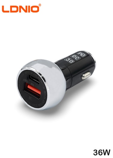شاحن سيارة سريع من إل دي إن آي أو بقوة 36 واط ومنفذين: محول PD و QC 3.0 بمنفذي USB-C/USB-A لأجهزة iPhone و Samsung والمزيد.