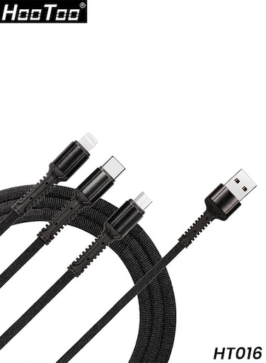 كابل شحن سريع 3 في 1 من هوتو HT016، من نوع USB-A إلى Type-C وLightning وMicro، بطول 1.2 متر، تيار 3 أمبير، مغطى بنسيج نايلون، لون أسود، الإصدار الثاني.