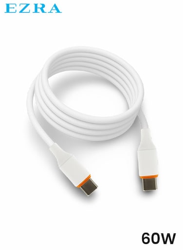 كابل شحن سريع من نوع USB-C إلى USB-C من EZRA بقدرة 60 واط، يدعم تقنية PD، مصنوع من السيليكون المتين، باللون الأبيض، بطول 1 متر، طراز DC351!