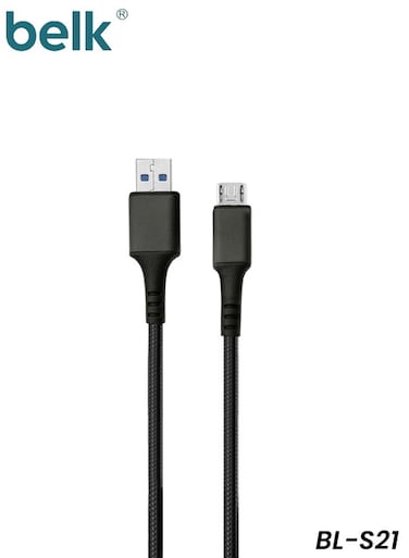 كابل شحن ونقل بيانات مضفر من بيلك، من نوع USB-A إلى Micro USB، طراز BL-S21، آمن ومتين، باللون الأسود، يدعم الشحن السريع.