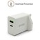 شاحن حائط BWOO BO-CDA89 بقوة 30 واط بمنفذين (USB-C و USB-A) يدعم الشحن السريع، مزود بقابس بريطاني، لون أبيض، مع ميزات أمان.