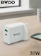 شاحن حائط BWOO BO-CDA89 بقوة 30 واط بمنفذين (USB-C و USB-A) يدعم الشحن السريع، مزود بقابس بريطاني، لون أبيض، مع ميزات أمان.