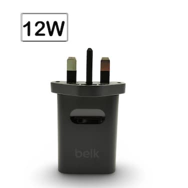 شاحن حائط بيلك BL-101 ثنائي منافذ USB بقدرة 12 واط، محول شحن سريع 2.4 أمبير بتقنية IC الذكية، لون أسود، قابس بريطاني، معايير أمان عالية.