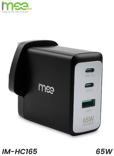 شاحن سريع imee plus IM-HC165 بقدرة 65 واط بتقنية GaN، مزود بمنفذي USB-C بتقنية PD ومنفذ USB-A بتقنية QC3.0، محول حائط لأجهزة الكمبيوتر المحمولة والأجهزة اللوحية والهواتف.