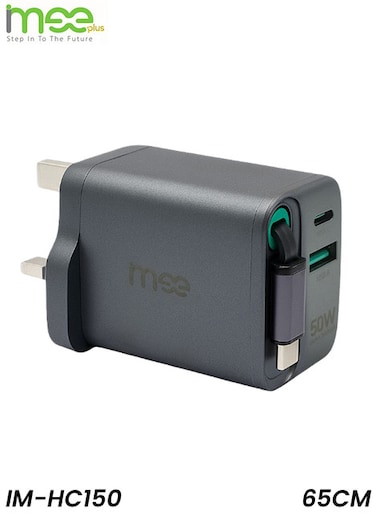 شاحن سريع IMEE Plus IM-HC150 بقدرة 50 واط بتقنية GaN مع كابل قابل للسحب بطول 65 سم ومنافذ USB مزدوجة بتقنية PD و QC، إصدار 2025.