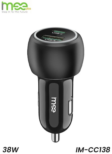شاحن سيارة سريع من IMEE Plus طراز IM-CC138 بقوة 38 واط بتقنية PD و QC3.0، مزود بمنفذي USB-A و USB-C، للاستخدام في شحن الأجهزة داخل المركبات.