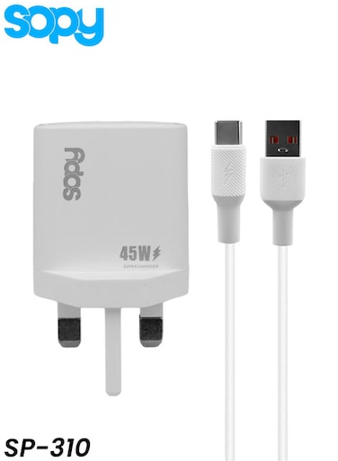 شاحن SOPY SP-310 عالي السرعة بقدرة 45 واط بتقنية PD و QC3.0 مع منفذين، محول شحن سريع وآمن، قابس أبيض.