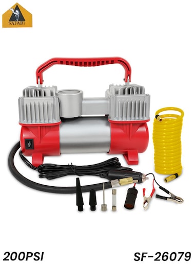 ضاغط هواء سفاري ثنائي الأسطوانات، ضغط 200 رطل لكل بوصة مربعة، معدل تدفق 85 لتر/دقيقة، يعمل بجهد 13.8 فولت، مزود بمكبس مزدوج وإضاءة، الموديل SF-26079.
