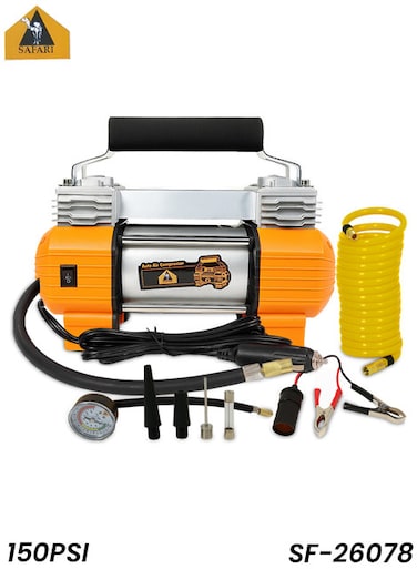 ضاغط هواء سفاري SF-26078 ثنائي الأسطوانات، ضغط 150 رطل لكل بوصة مربعة، معدل تدفق 45 لتر/دقيقة، يعمل بجهد 12-13.5 فولت تيار مستمر، مزود بمقياس ضغط وضوء.