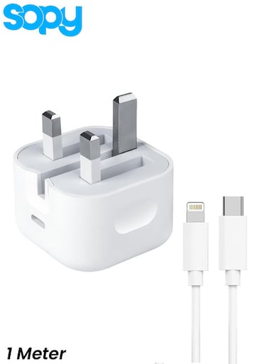 محول طاقة Sopy بقدرة 20 واط بمنفذ USB-C مع كابل USB-C إلى Lightning بطول 1 متر، قابس بريطاني.