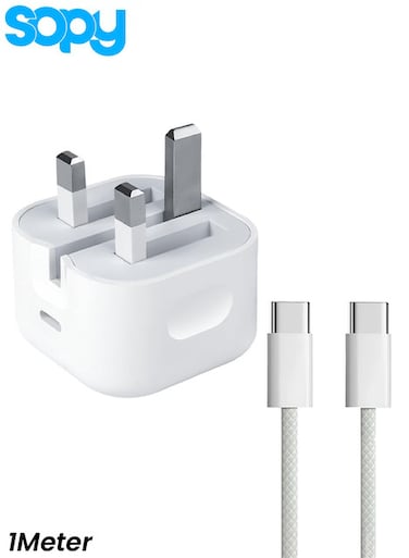 محول طاقة Sopy بقدرة 20 واط بمنفذ USB-C مع كابل USB-C إلى USB-C بطول 1 متر، شحن سريع وآمن، قابس بريطاني.
