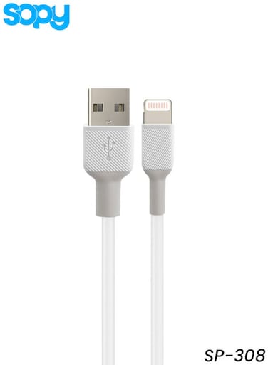 كابل Sopy SP-308 من نوع USB-A إلى Lightning، شحن سريع ومزامنة بيانات، متين ومقاوم للتشابك، لون أبيض، طول 1 متر.