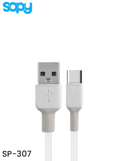كابل Sopy SP-307 من USB-A إلى Type-C بطول 1 متر، يدعم الشحن السريع 4 أمبير ومزامنة البيانات، مصنوع من النايلون المضفر عالي المتانة.