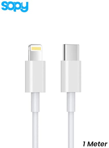 كابل SOPY بطول 1 متر من نوع USB-C إلى Lightning معتمد من MFi لأجهزة iPhone و iPad، يدعم الشحن السريع ويتميز بتصميم متين.