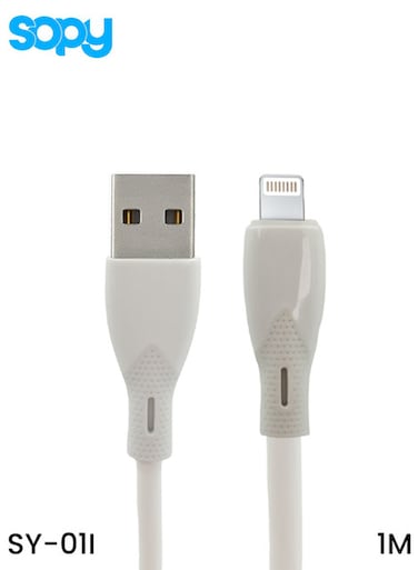 كابل بيانات Sopy SY-01I من نوع USB-A إلى Lightning بطول 1 متر، يدعم الشحن السريع بقدرة 6 أمبير، مصنوع من السيليكون، متوافق مع هواتف iPhone.