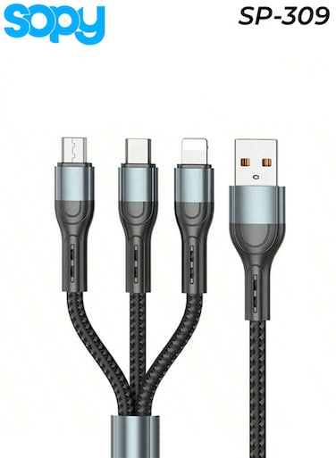 كابل شحن سريع 3 في 1 من سوبي SP-309 بطول 1200 ملم وبقدرة 3 أمبير، من نوع USB-A إلى Micro وLightning وType-C.