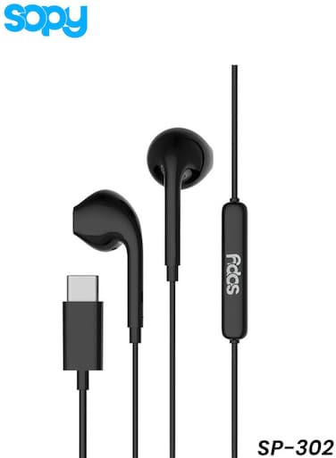 سماعات أذن سلكية من سوبي SP-302 بمنفذ Type-C مع ميكروفون عالي الدقة، تحكم بزر واحد، كابل بطول 1.2 متر، لون أسود، مناسبة للهواتف.