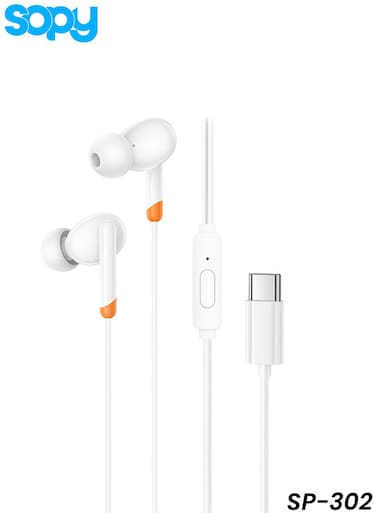 سماعات أذن سلكية من سوبي من نوع Type C مع ميكروفون SP-302، سماعات رأس ستيريو داخل الأذن لأنظمة أندرويد وiOS وويندوز.