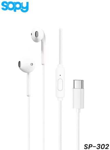 سماعات أذن ستيريو سلكية من نوع Type-C من سوبي SP-302 مع ميكروفون عالي الدقة وصوت جهير عميق وأدوات تحكم مدمجة.
