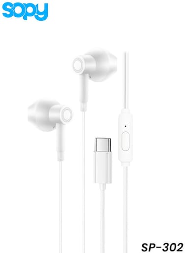 سماعة أذن سلكية من نوع Sopy SP-302 بمنفذ Type-C، مزودة بميكروفون عالي الدقة وصوت جهير عميق وصوت ستيريو للهواتف الذكية.